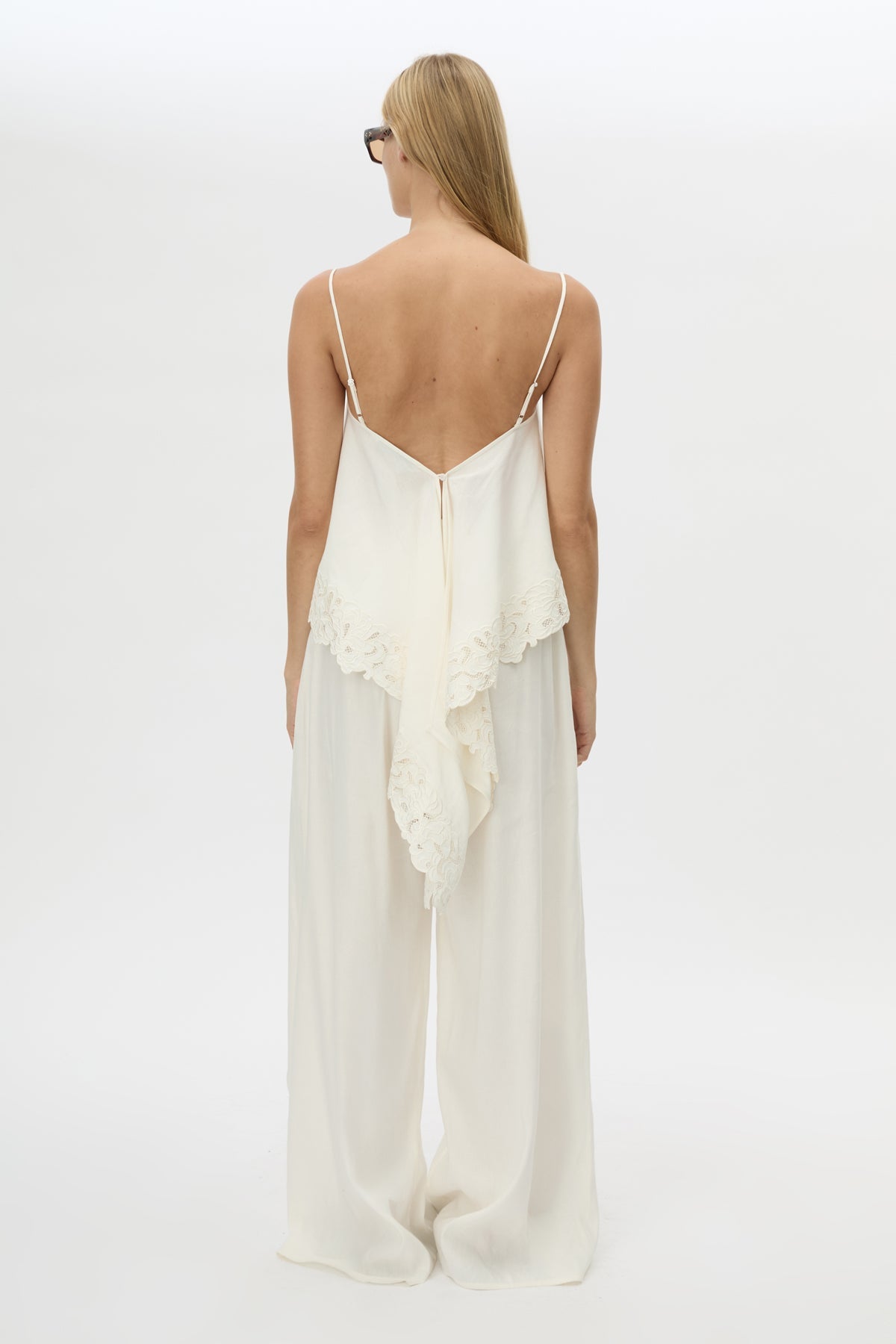 Back view CAMILLA AND MARC Chara Embroidered Cami in Cream with A‑line fit, open back, draped panels and lace hem.