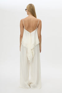 Back view CAMILLA AND MARC Chara Embroidered Cami in Cream with A‑line fit, open back, draped panels and lace hem.