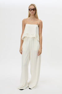 Front view CAMILLA AND MARC Chara Embroidered Cami in Cream with A‑line fit, open back, draped panels and lace hem.