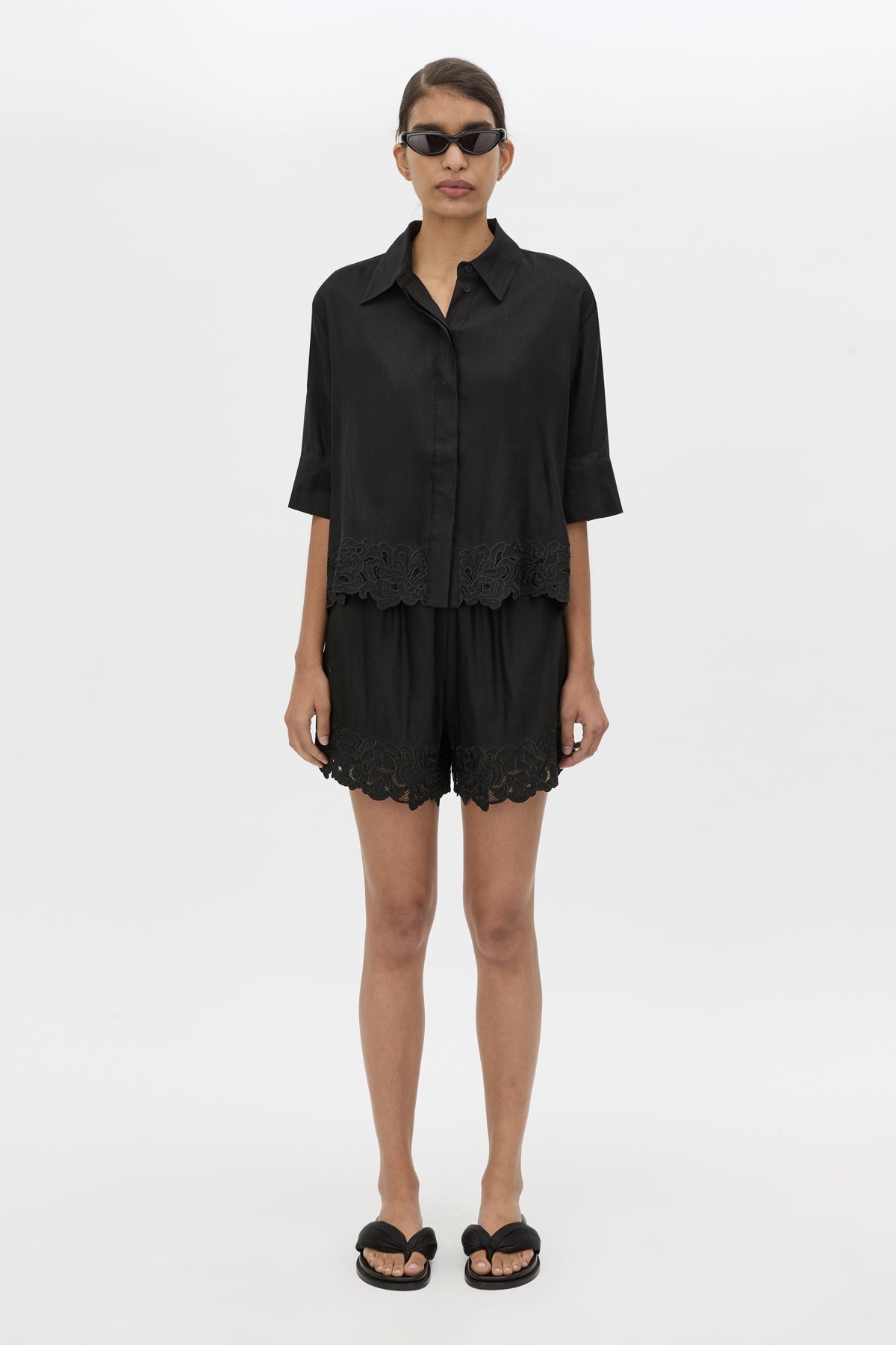 Front view CAMILLA AND MARC Chara Embroidered Short in Black styled with the Chara Cropped Embroidered Shirt.