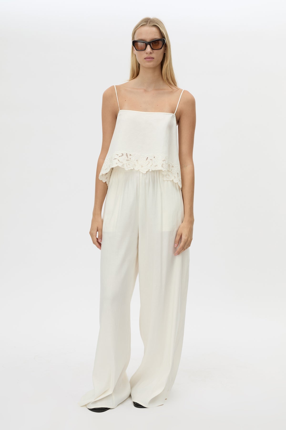 Front view CAMILLA AND MARC Chara Relaxed Pant in Cream with elastic waist, and back welts.