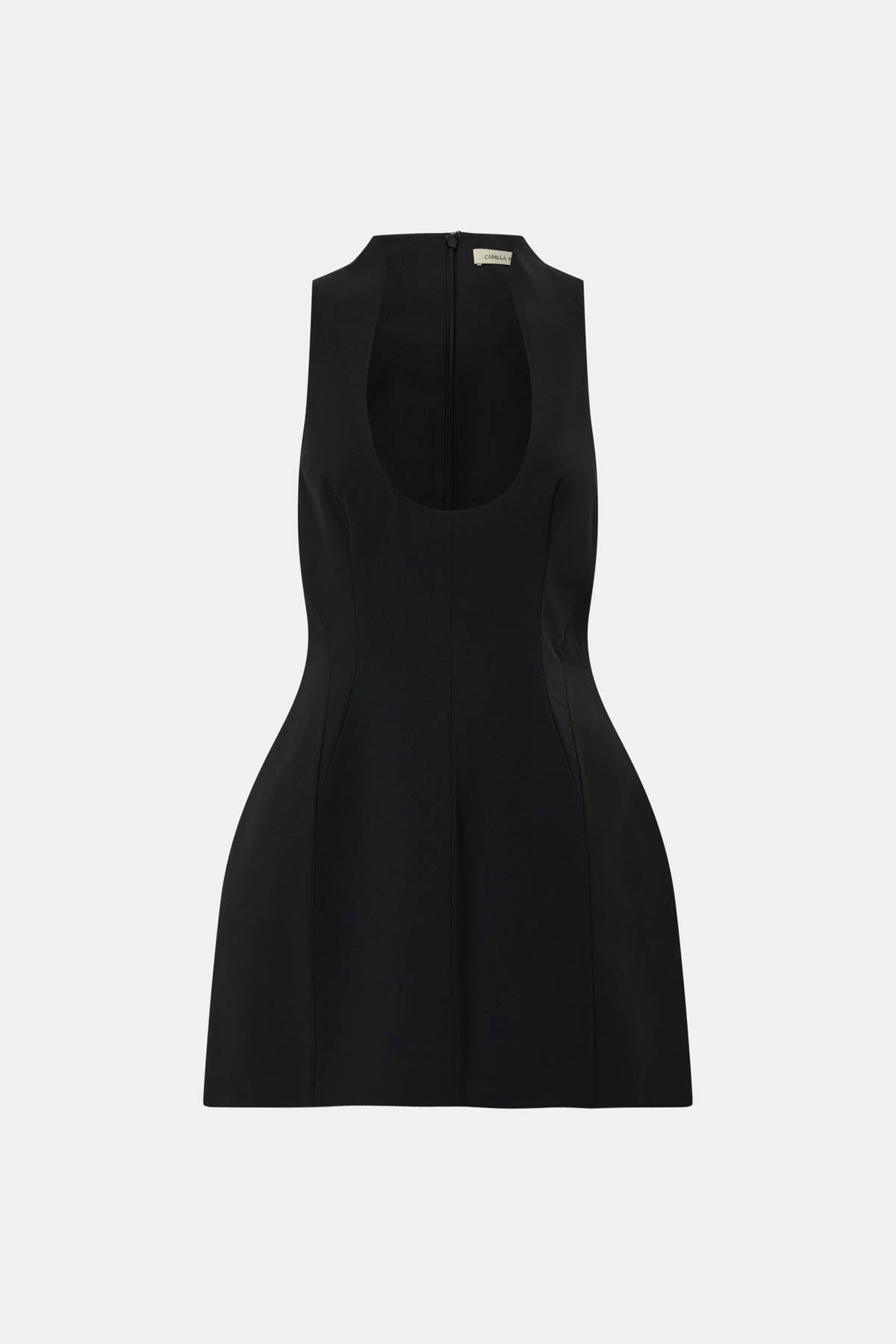 Ghost view CAMILLA AND MARC structured Chiaro Mini Dress in black with scoop neckline.
