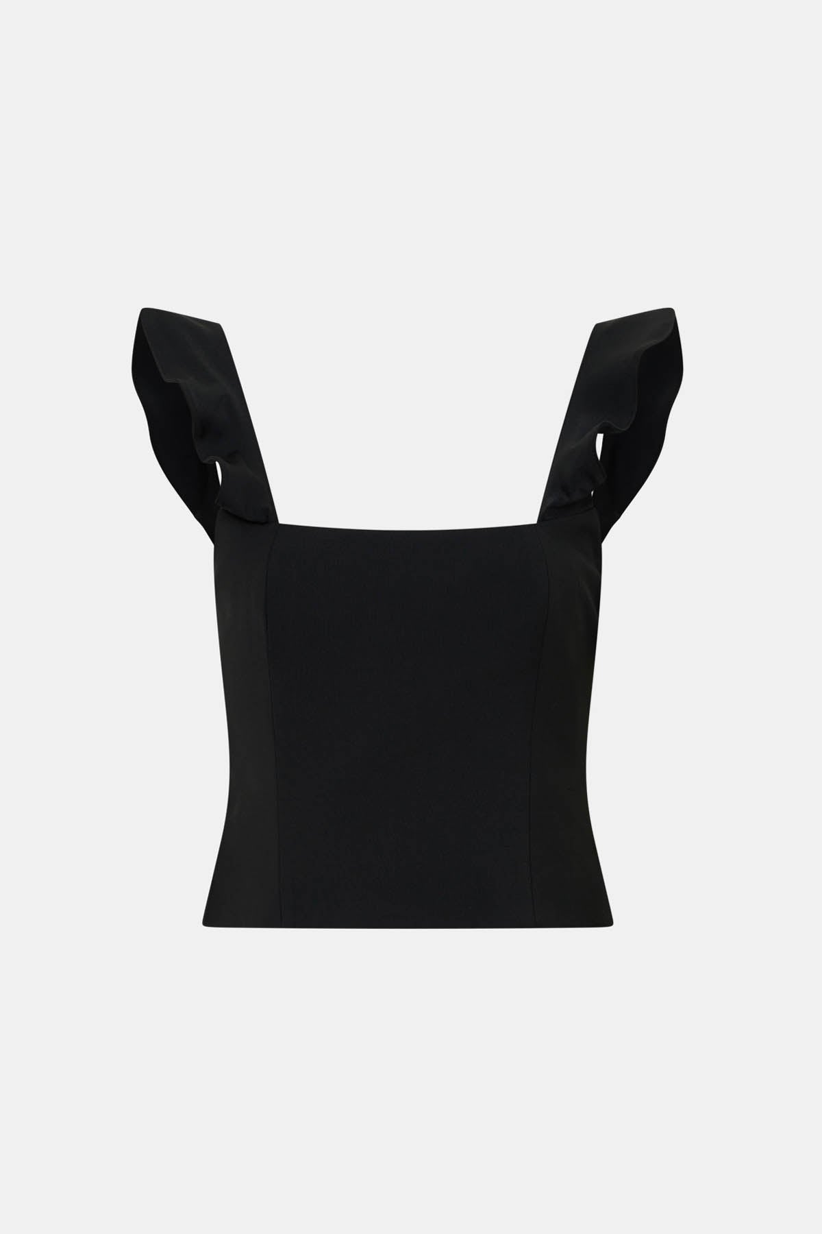 Ghost view CAMILLA AND MARC Chiaro Tailored Top in black with fluted ruffle straps.