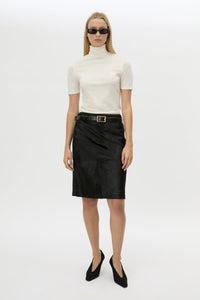 Front view CAMILLA AND MARC Contour Leather Skirt in Black with mid‑rise, pencil fit.
