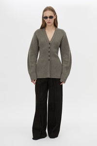 Front view CAMILLA AND MARC Crawford Knit Cardigan in Brown with wool knit finish and button‑up front.
