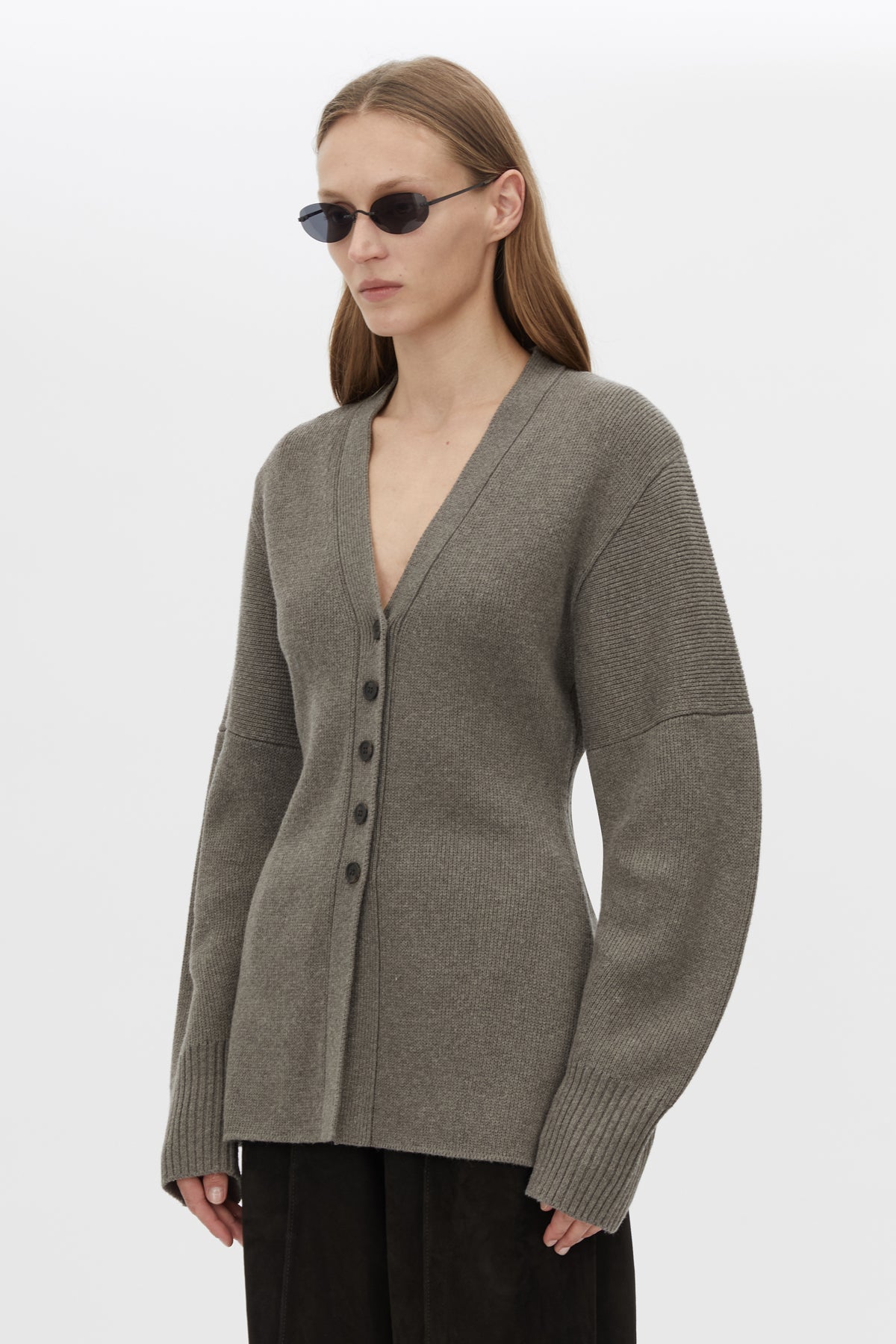 Cropped view CAMILLA AND MARC Crawford Knit Cardigan in Brown with wool knit finish and button‑up front.