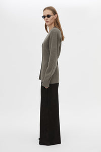 Side view CAMILLA AND MARC Crawford Knit Cardigan in Brown with wool knit finish and button‑up front.