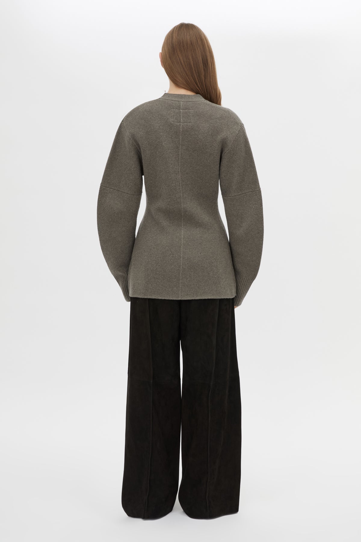 Side view CAMILLA AND MARC Crawford Knit Cardigan in Brown with wool knit finish and button‑up front.