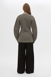 Side view CAMILLA AND MARC Crawford Knit Cardigan in Brown with wool knit finish and button‑up front.