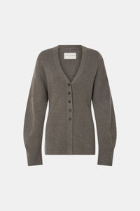 Ghost view CAMILLA AND MARC Crawford Knit Cardigan in Brown with wool knit finish and button‑up front.