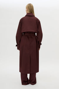Back view CAMILLA AND MARC Dia Trench Coat in Burgundy with long‑line cut.