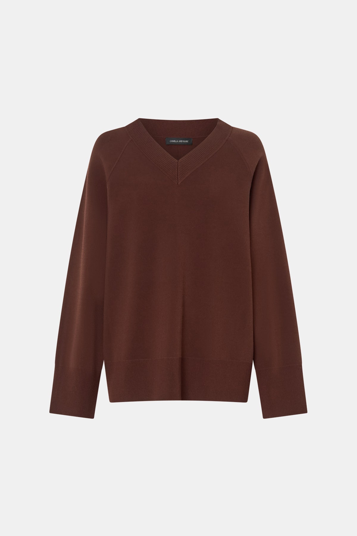Ghost View CAMILLA AND MARC Donatello Knit Sweater in espresso brown with V neck and knit fabric.