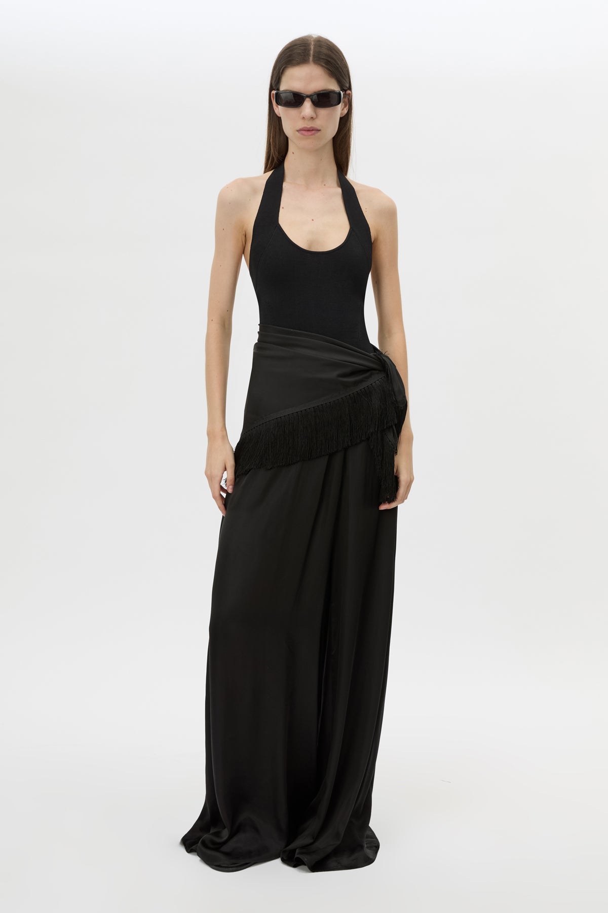 Front view CAMILLA AND MARC Dune Scarf Top in Black with fringe hem, and corner loops for versatile wear.