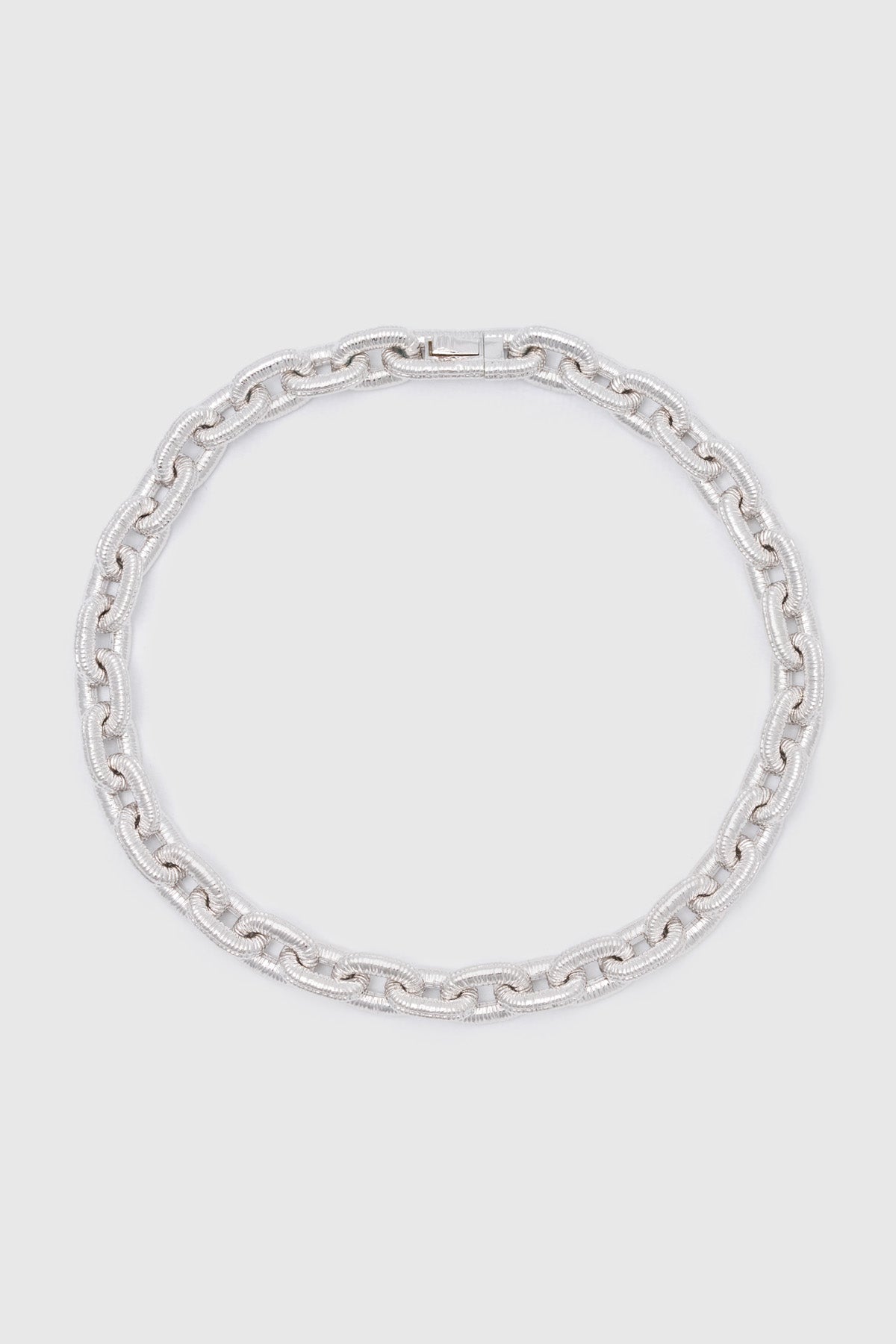 Ghost view CAMILLA AND MARC Eagan Necklace in silver with handcrafted ruched chain links in solid brass.