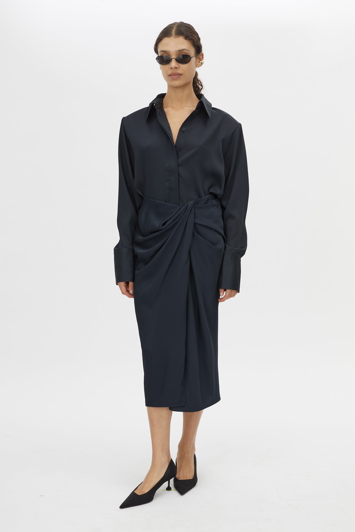 Front view CAMILLA AND MARC Elowyn Wrapped Midi Skirt in French Navy styled with the Elowyn Shirt.