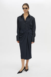 Front view CAMILLA AND MARC Elowyn Wrapped Midi Skirt in French Navy styled with the Elowyn Shirt.