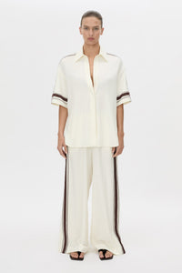Front view CAMILLA AND MARC relaxed Enna Shirt in stone with embroidery detail.