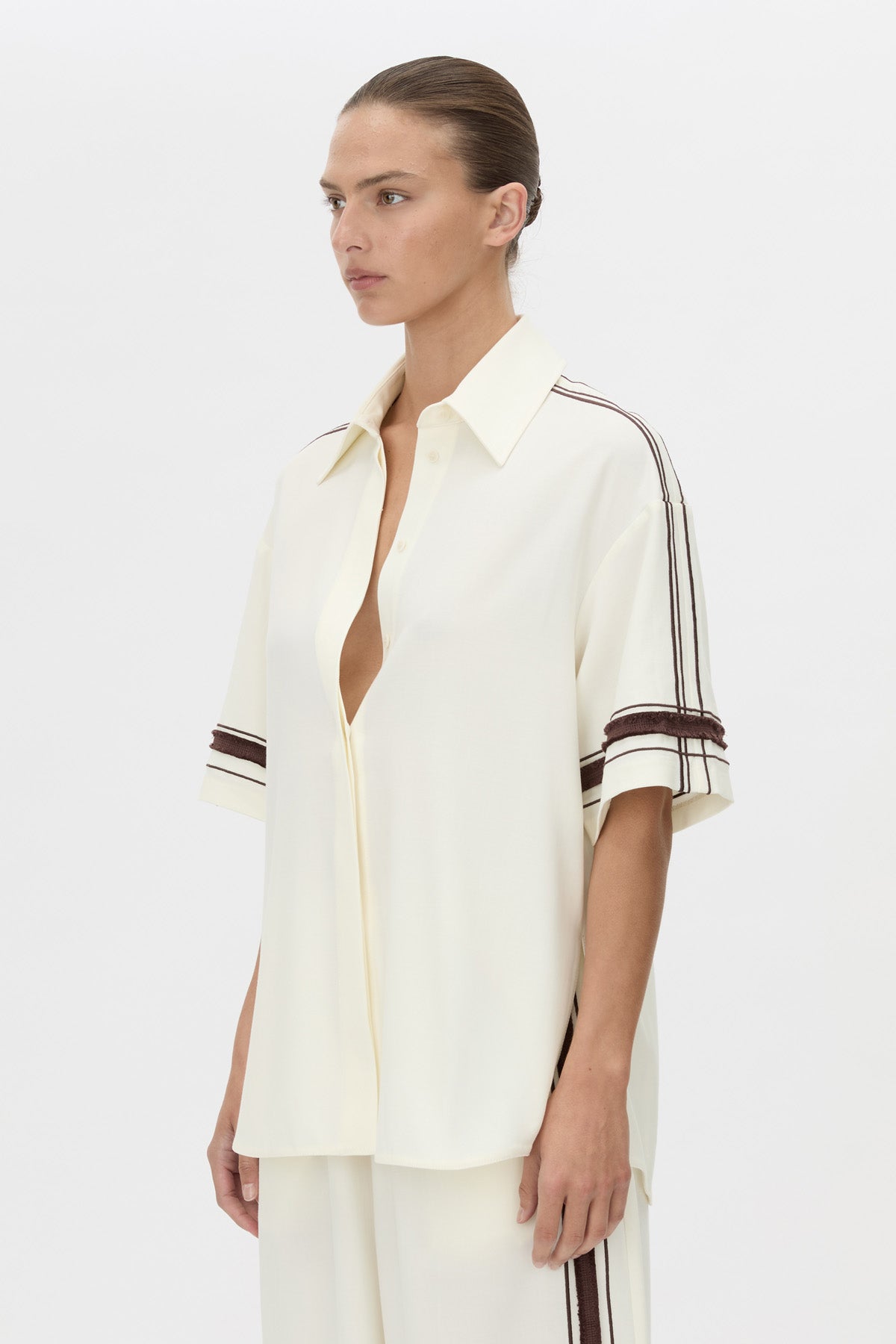 Cropped view CAMILLA AND MARC relaxed Enna Shirt in stone with embroidery detail.