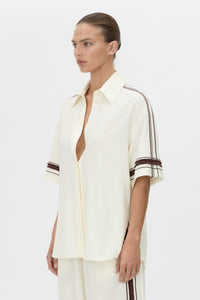 Cropped view CAMILLA AND MARC relaxed Enna Shirt in stone with embroidery detail.