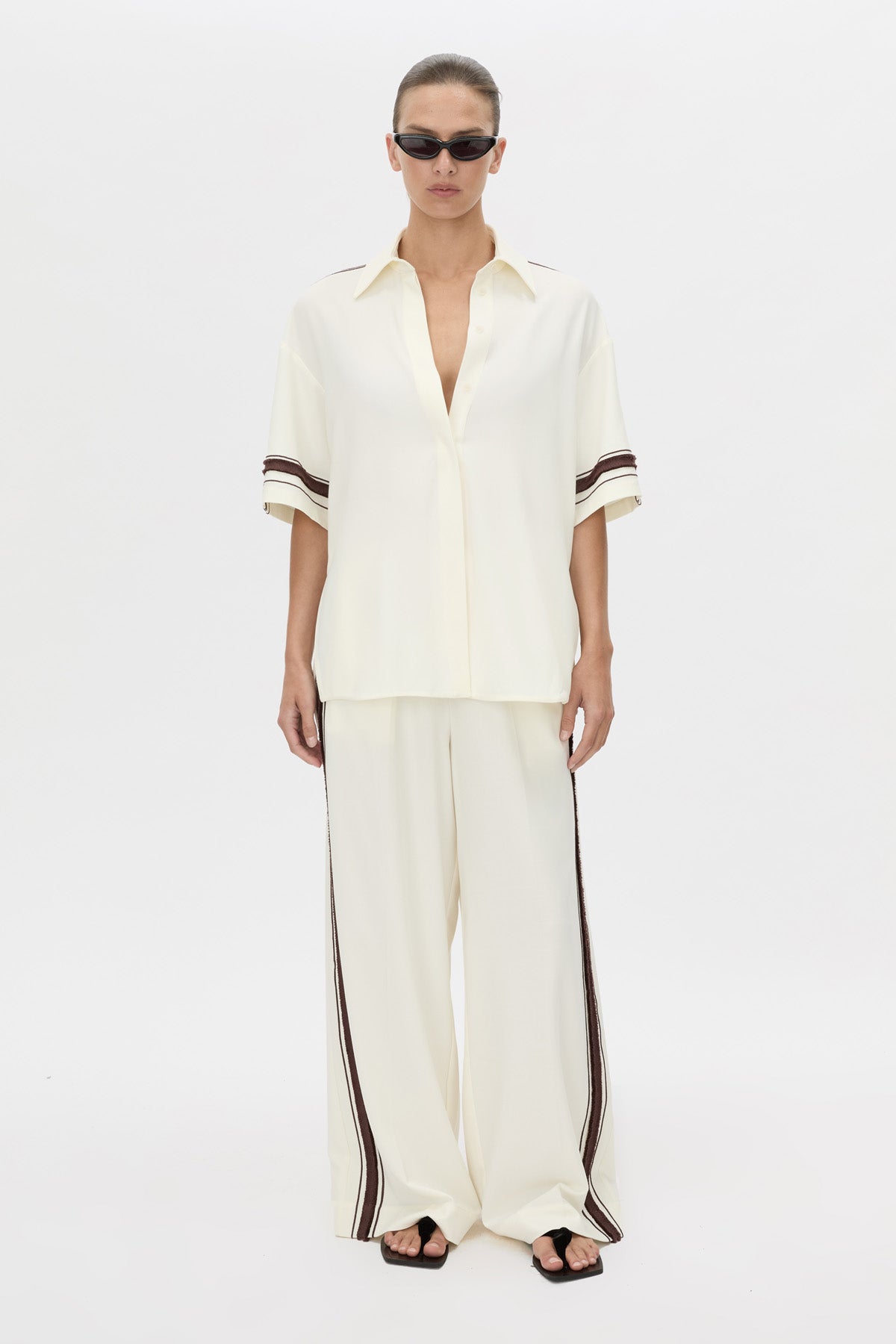 Front-styled view CAMILLA AND MARC relaxed Enna Shirt in stone with embroidery detail.