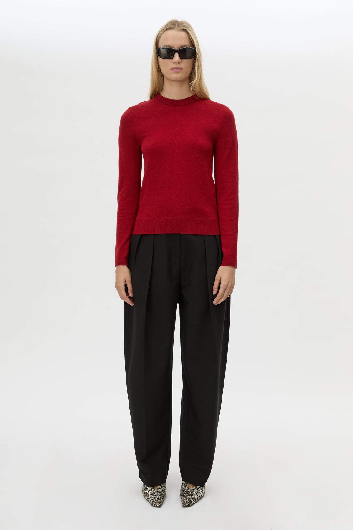 Front view CAMILLA AND MARC Esme Knit Sweater in Cherry Red styled with the Tala Barrel Leg Pant.
