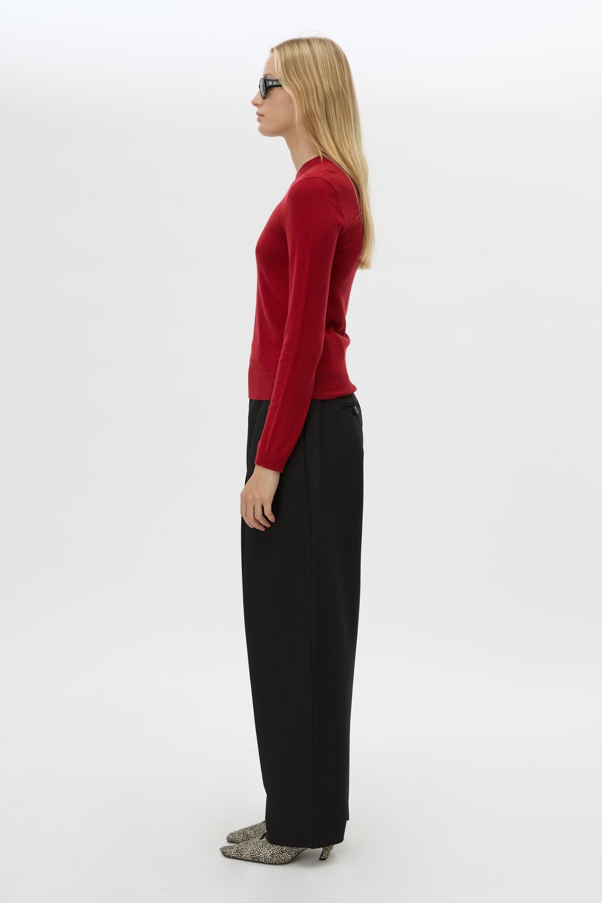Side view CAMILLA AND MARC Esme Knit Sweater in Cherry Red with crew neckline, ribbed trims and single‑jersey knit.