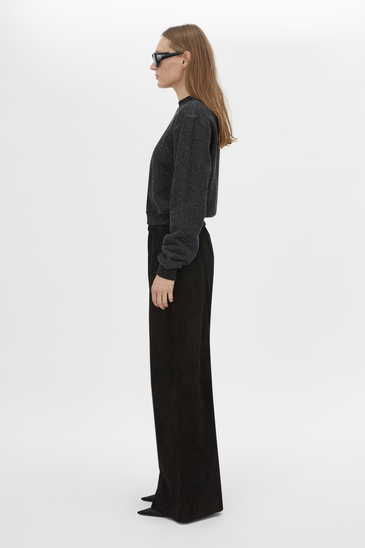 Side view CAMILLA AND MARC Everett Sweater in Black with cropped speckled fleece and relaxed turtle‑neck silhouette.  