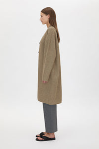 Side view CAMILLA AND MARC Francis Knit Long Cardigan in Caramel with rib front button placket.