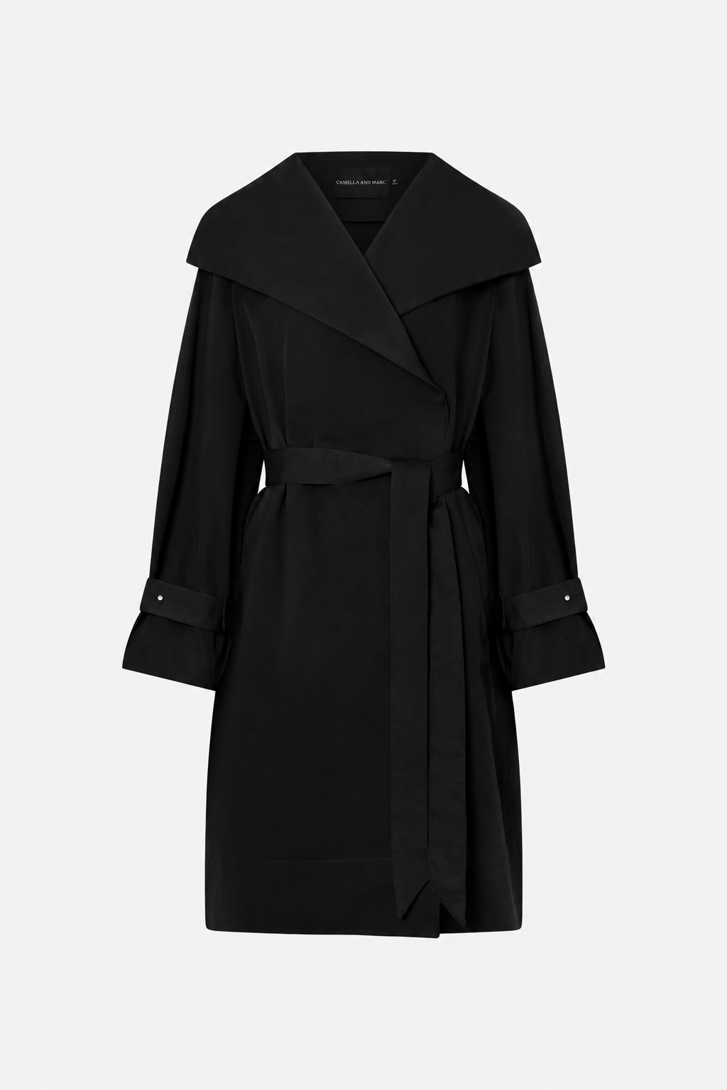 Ghost view CAMILLA AND MARC oversized Gia Funnel Neck Coat in black with concealed double‑breasted front with internal snaps.