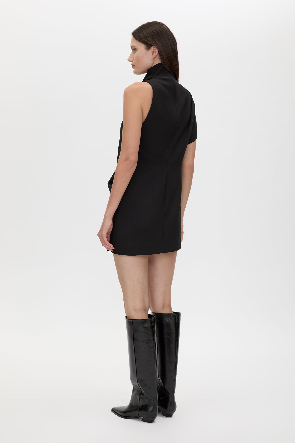Back view CAMILLA AND MARC Huxley Draped Mini Dress in Black with laser‑cut neckline and draped panel.