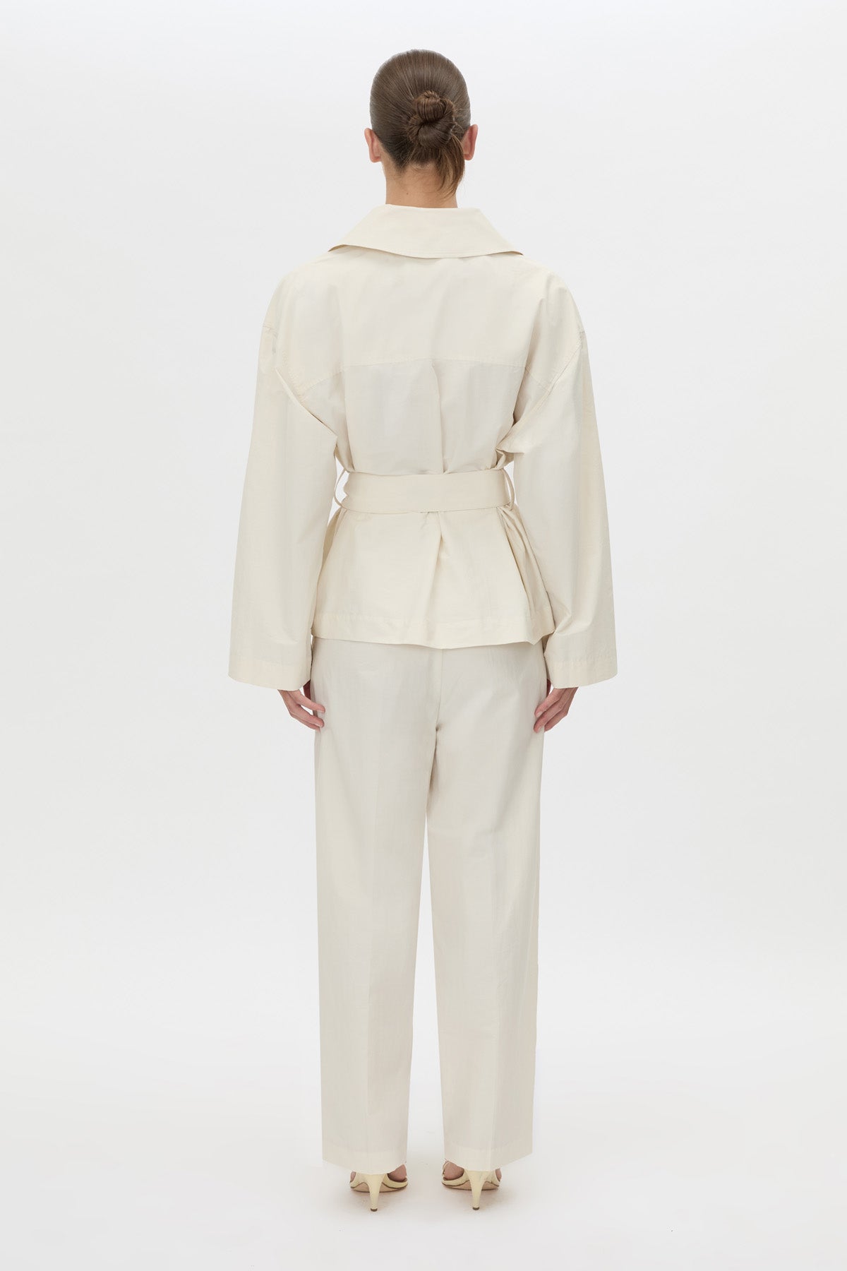 Back view CAMILLA AND MARC Inca Belted Wrap Jacket in ivory.