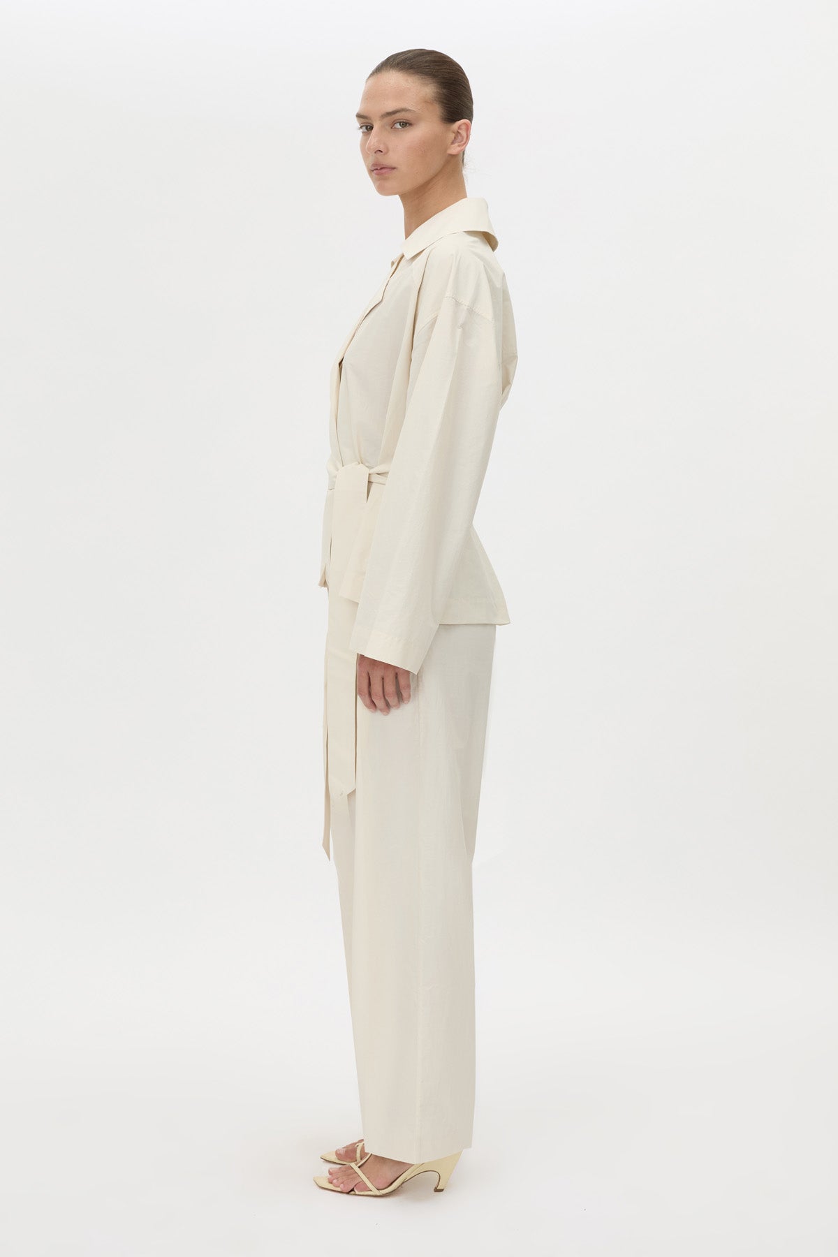 Side view CAMILLA AND MARC Inca Belted Wrap Jacket in ivory.