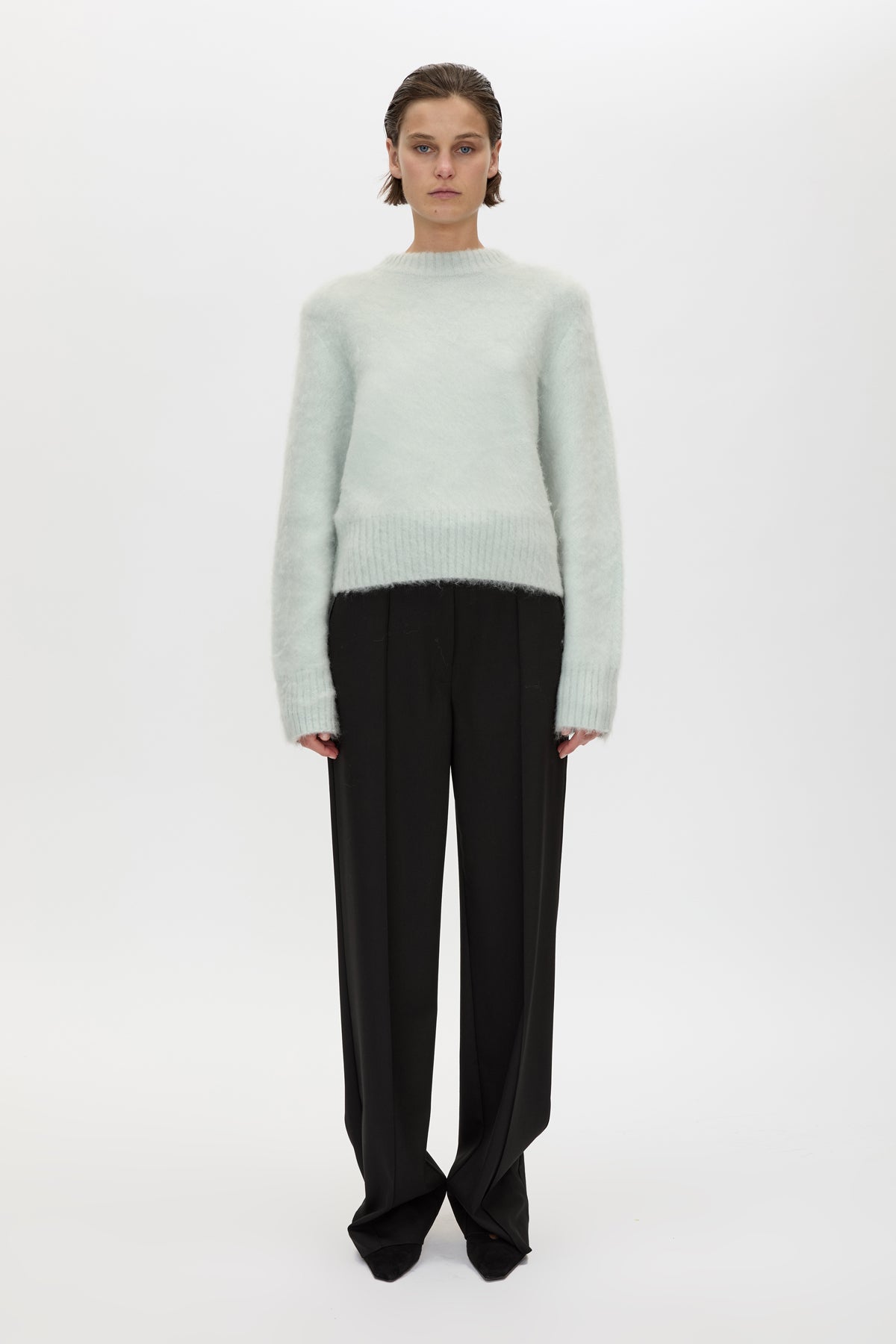 Front view CAMILLA AND MARC Ines Knit Sweater in Mint with brushed knit texture and ribbed crew neckline.