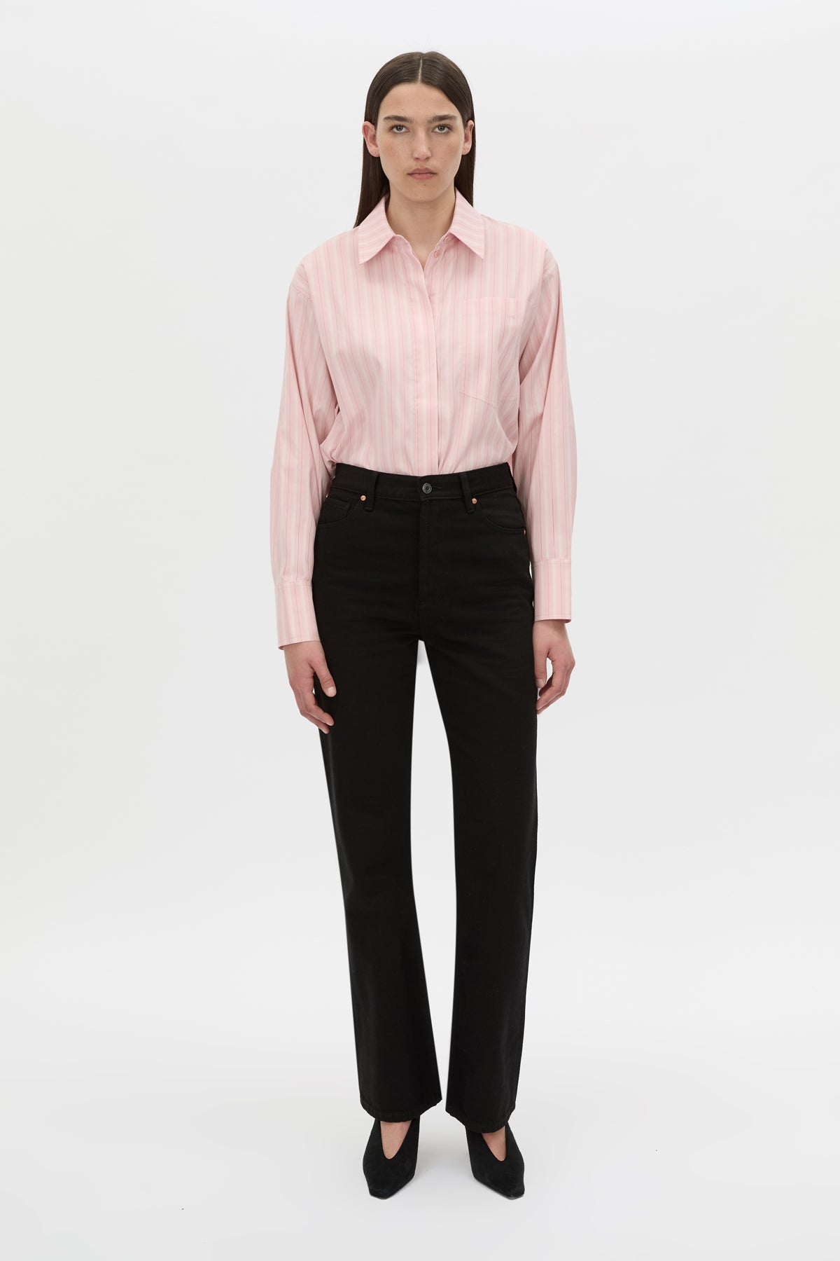 Front-styled view CAMILLA AND MARC Jenie stripe shirt in light rose stripe.