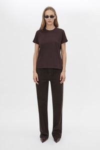 Front styled view CAMILLA AND MARC Locus Tee in Espresso with fitted baby‑tee silhouette and contrast stripe tape.  