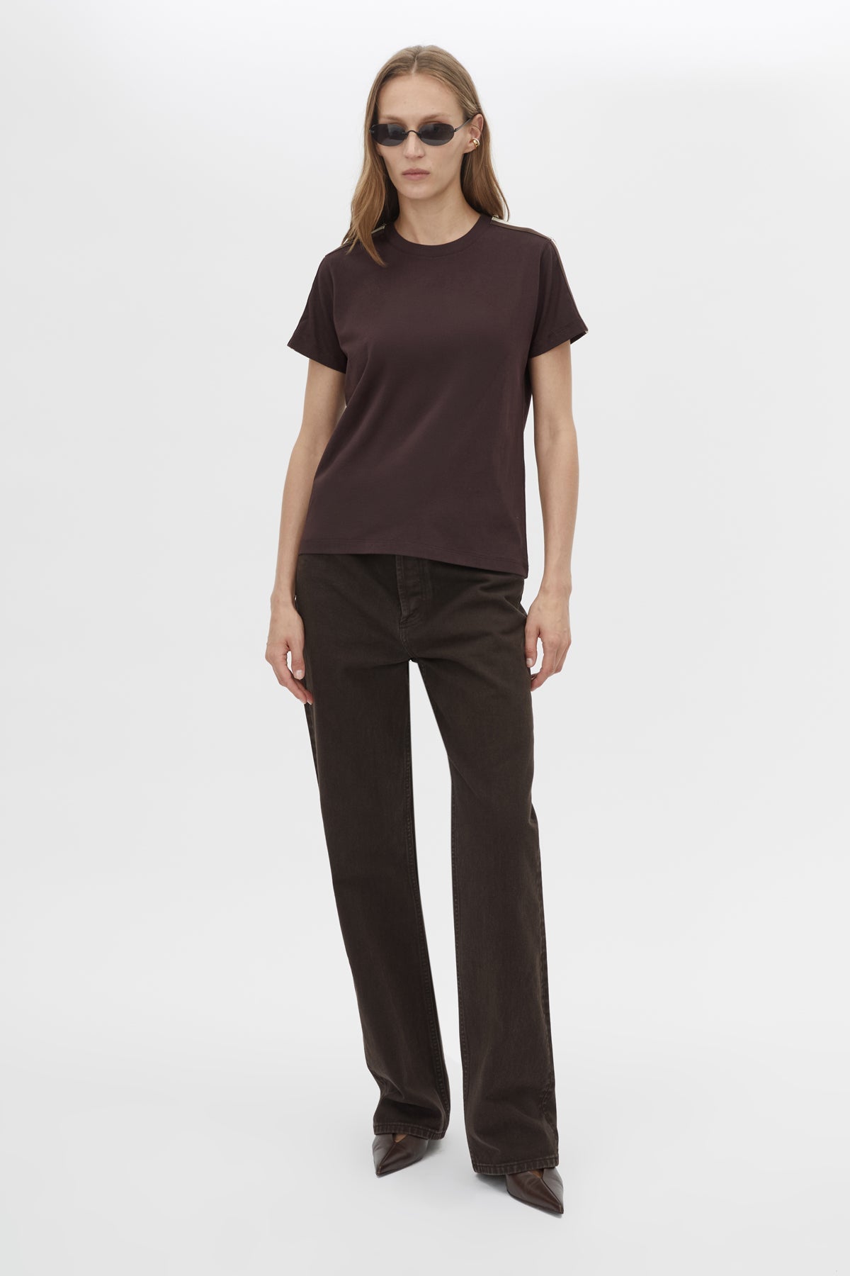 Front view CAMILLA AND MARC Locus Tee in Espresso with fitted baby‑tee silhouette and contrast stripe tape.  