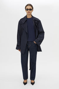 Front view CAMILLA AND MARC Locus Tee in Navy styled with the Brody Short Trench Coat.