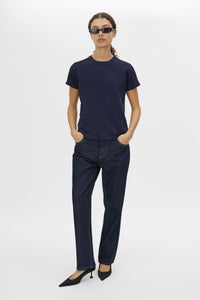 Front view CAMILLA AND MARC Locus Tee in Navy with fitted baby‑tee silhouette and contrast stripe tape. 