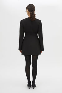 Back view CAMILLA AND MARC Mackinley Mini Dress in Black with long sleeves and plunge V‑neckline.