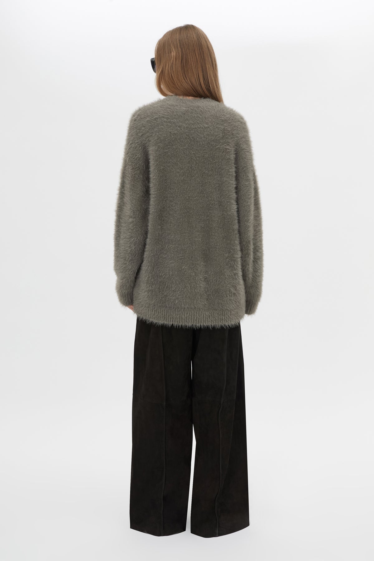Back View CAMILLA AND MARC Martine Knit Cardigan in smokey grey with an oversized fit.