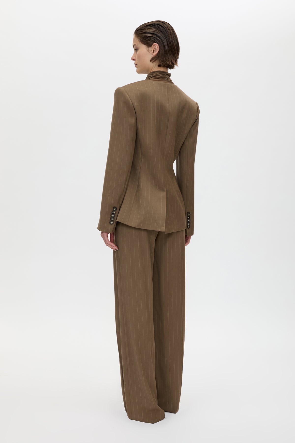 Back view CAMILLA AND MARC Maxim Fitted Collarless Blazer in Cinnamon Pinstripe with wool blend fabrication.