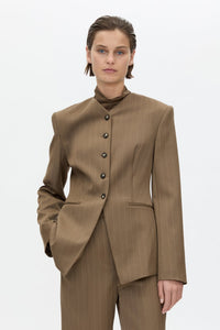 Cropped view CAMILLA AND MARC Maxim Fitted Collarless Blazer in Cinnamon Pinstripe with wool blend fabrication.