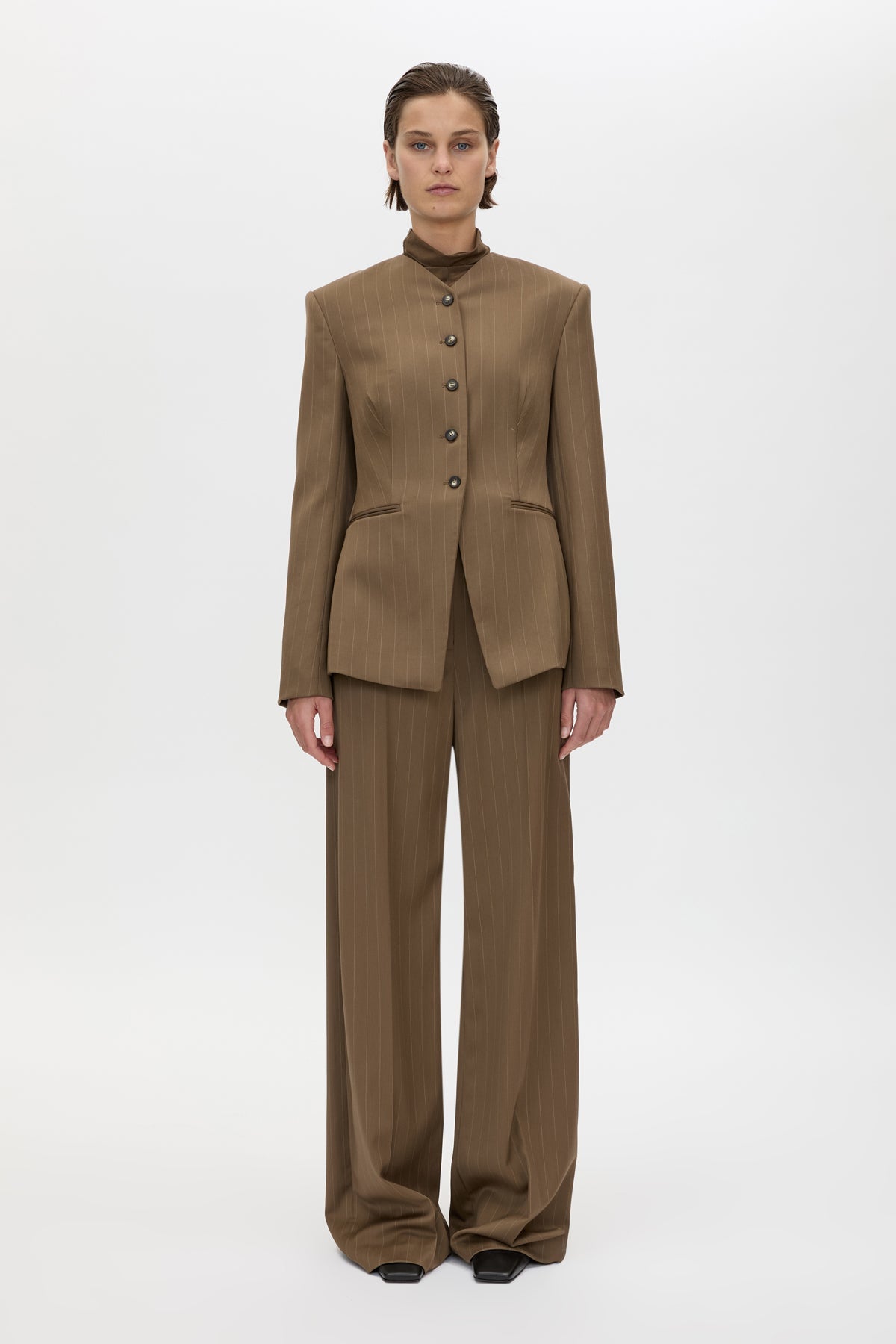 Front view CAMILLA AND MARC Maxim Fitted Collarless Blazer in Cinnamon Pinstripe with wool blend fabrication.