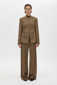 Front view CAMILLA AND MARC Maxim Fitted Collarless Blazer in Cinnamon Pinstripe with wool blend fabrication.