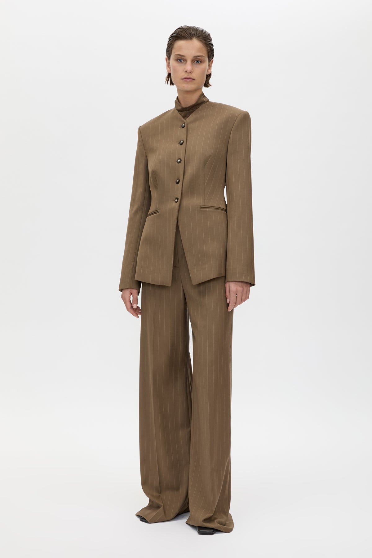 Front view CAMILLA AND MARC Maxim Fitted Collarless Blazer in Cinnamon Pinstripe styled with the Maxim Pant.