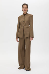 Front view CAMILLA AND MARC Maxim Fitted Collarless Blazer in Cinnamon Pinstripe styled with the Maxim Pant.