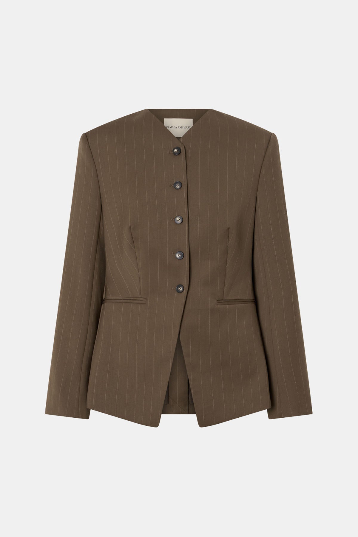 Ghost view CAMILLA AND MARC Maxim Fitted Collarless Blazer in Cinnamon Pinstripe with wool blend fabrication.