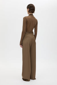 Back view CAMILLA AND MARC Maxim Manstyle Pant in Cinnamon Brown Pinstripe, featuring a tailored silhouette.