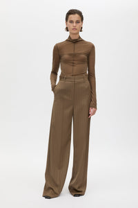 Front view CAMILLA AND MARC Maxim Manstyle Pant in Cinnamon Brown Pinstripe, featuring a tailored silhouette.