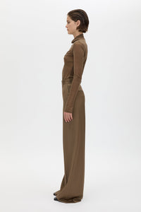 Side view CAMILLA AND MARC Maxim Manstyle Pant in Cinnamon Brown Pinstripe, featuring a tailored silhouette.